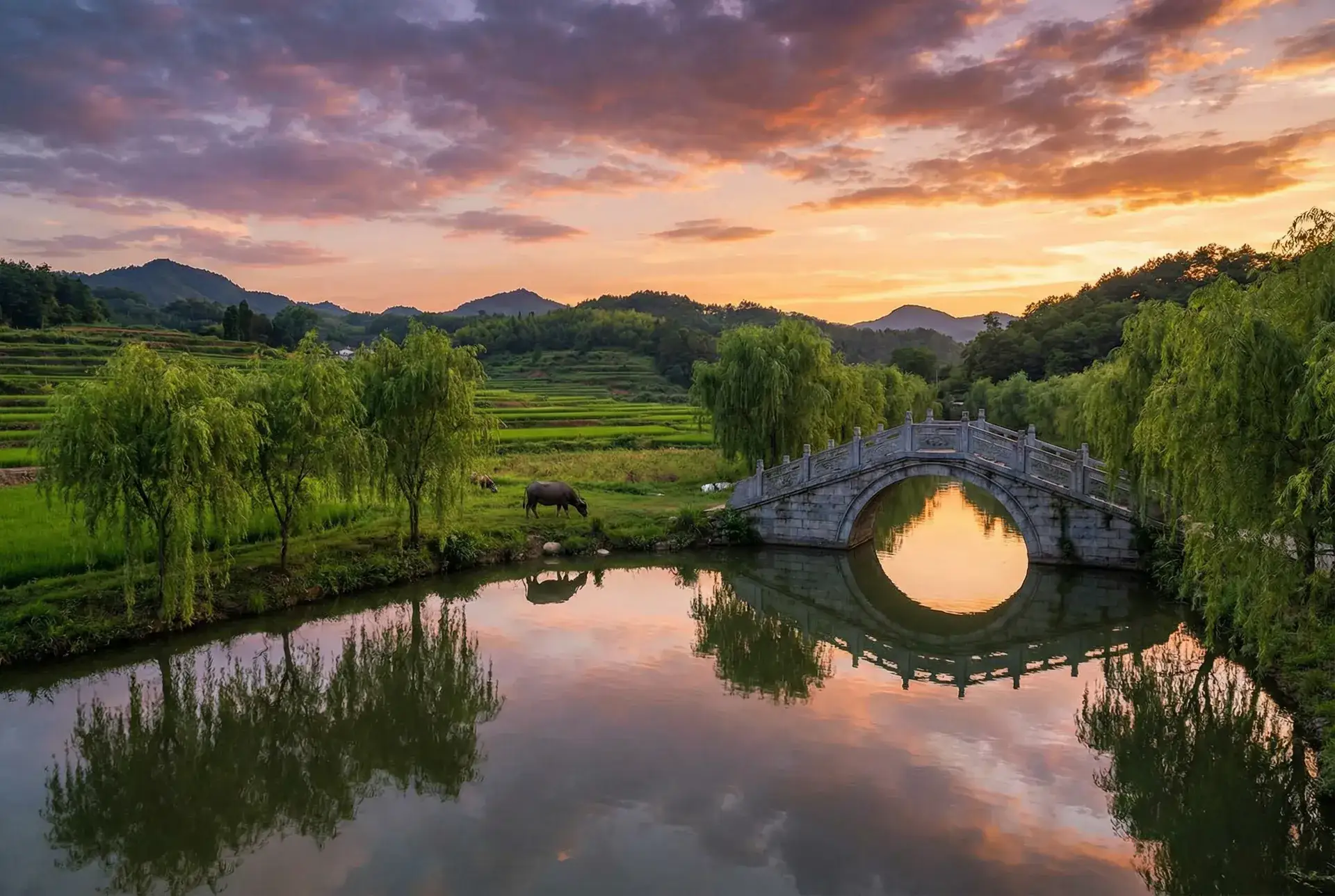 夕阳下的石拱桥与垂柳，水牛在河边吃草 - 年轻的母亲中字巴巴鱼汤饭 乡村美景